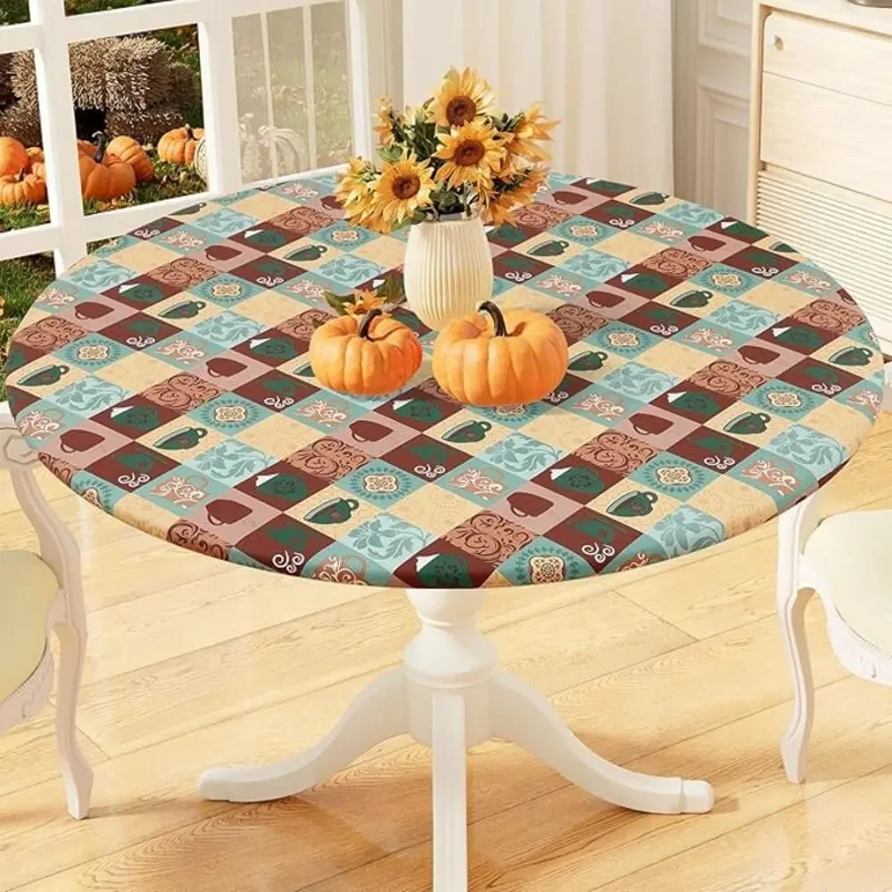 Round Fitted Waterproof Round Tablecloth with Elastic Edge, Patterned Cups